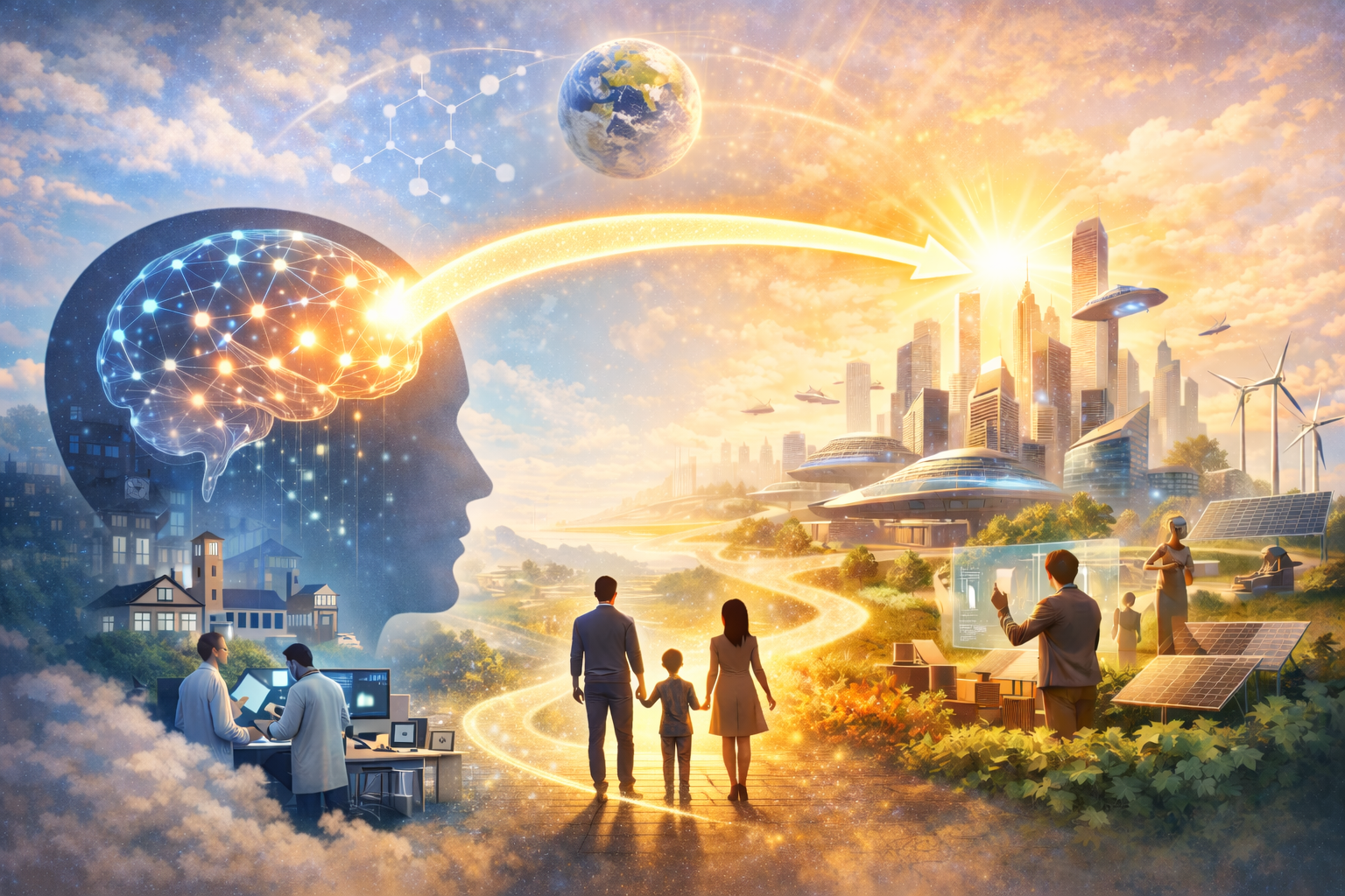 未来社会から現在の脳へ光が伸びる構図で、未来脳科学の理念を象徴するイラスト